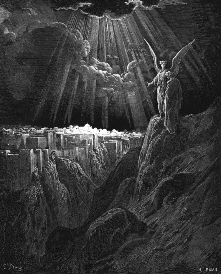 Fénnyel övezett magas város Gustave Doré metszetén